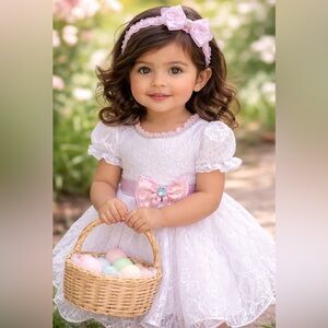 Charming Pink and White Lace Easter birthday Princess pageant girl dress